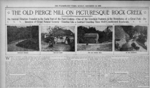 Old newspaper with headline that reads "The Old Pierce Mill on Picturesque Rock Creek"