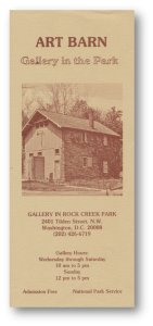 Peach and maroon Art Barn brochure with photograph of Peirce Mill on cover