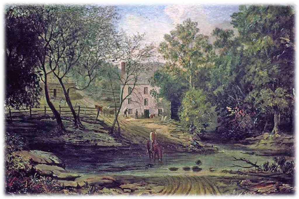 19th century painting of Peirce Mill surrounded by greenery, with creek, animals, and people in foreground.