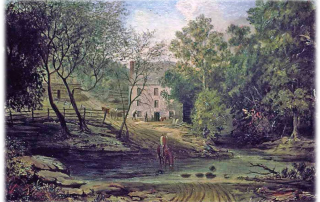 19th century painting of Peirce Mill surrounded by greenery, with creek, animals, and people in foreground.
