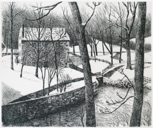 Black and white etching of Peirce Mill in the snow