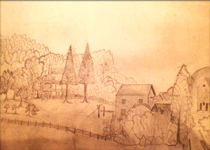 Pencil drawing of rural landscape, with old stone buildings surrounded by tall trees.