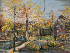Painting of Peirce Mill in the fall