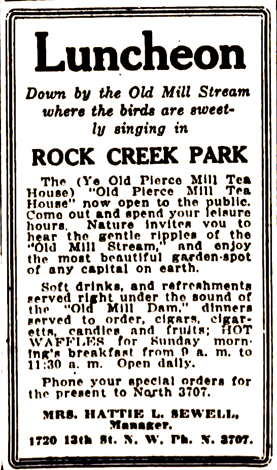 Advertisement for Peirce Mill Teahouse, July 1920