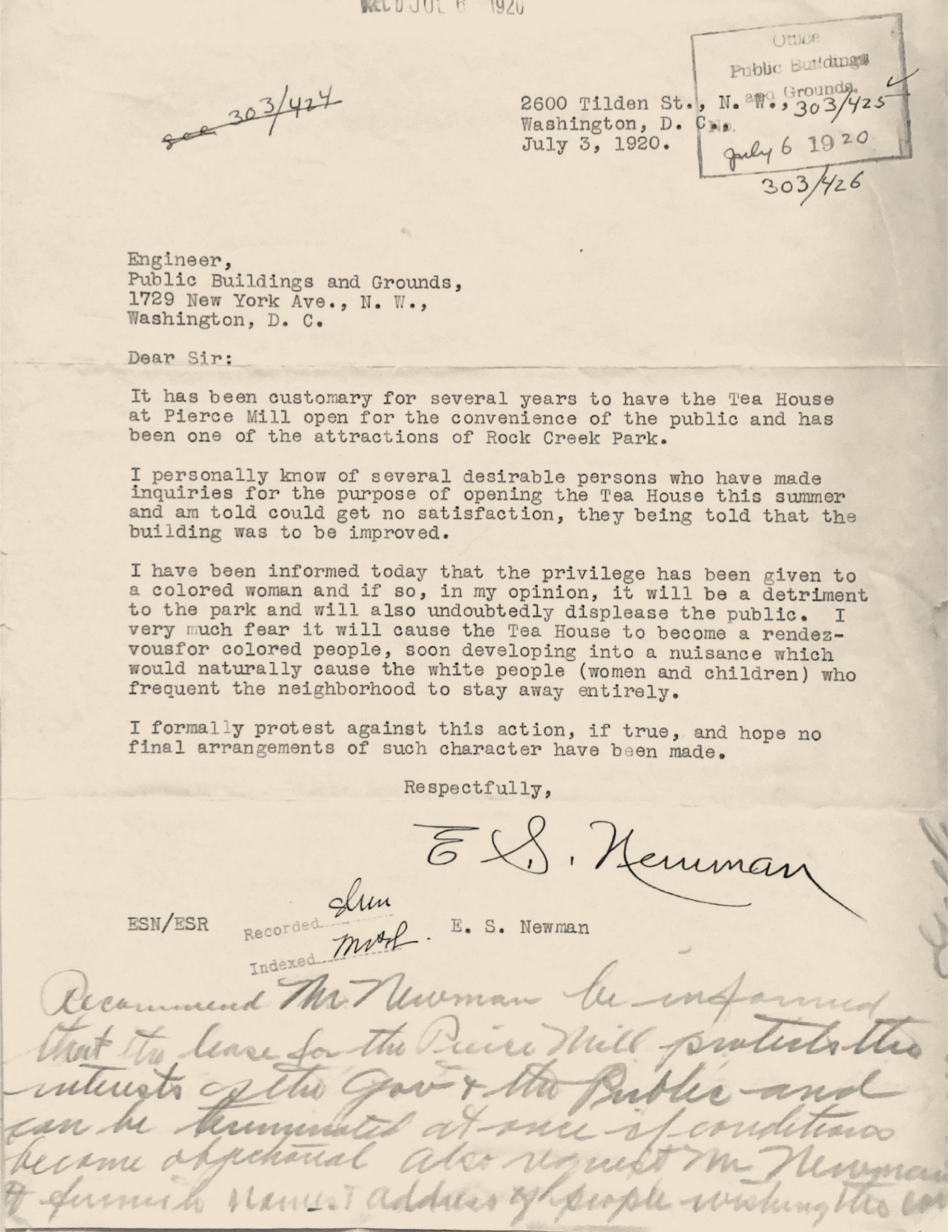 Typewritten letter from E. S. Newman to Office of Public Buildings and Grounds