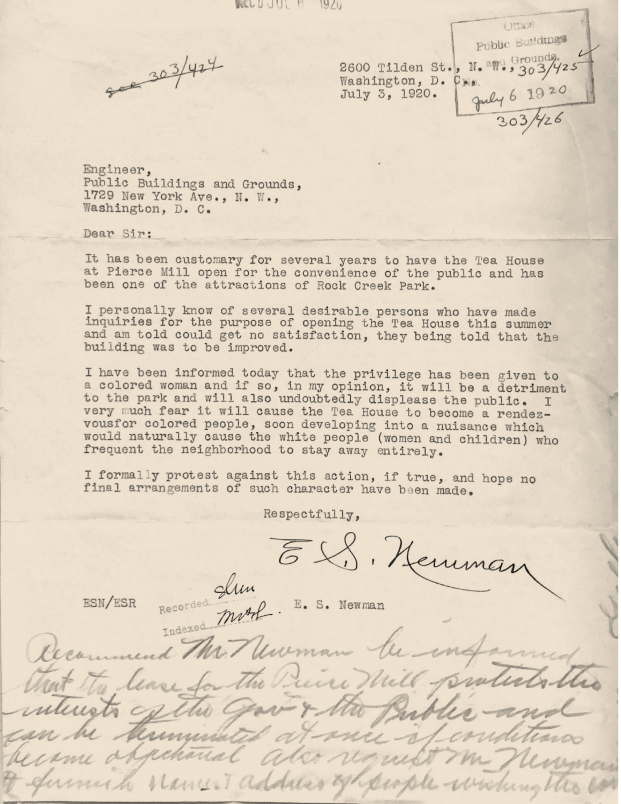 E.S. Newman to Public Buildings and Grounds, July 3, 1920 Typewritten letter from E. S. Newman to Office of Public Buildings and Grounds