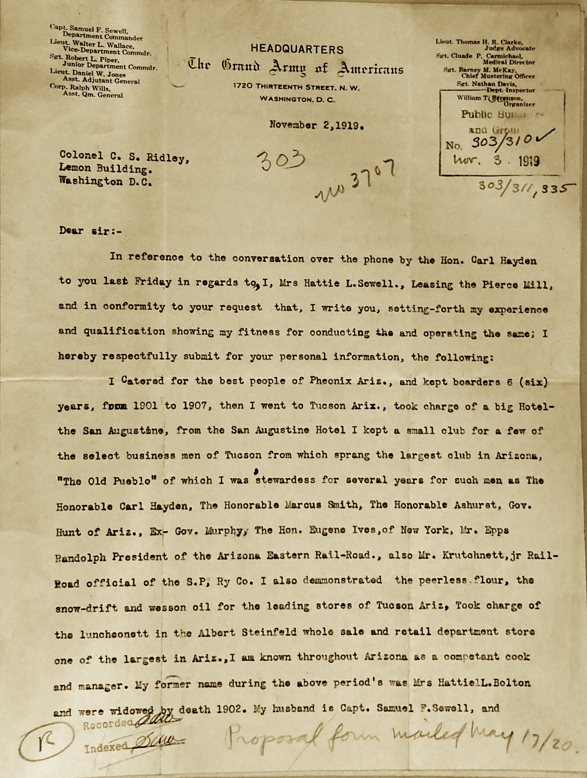 Hattie Sewell to Ridley re Teahouse, 11_2_19, Page 1