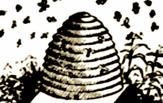 Black and white drawing of a beeehive, from the masthead of the Washington Bee newspaper.