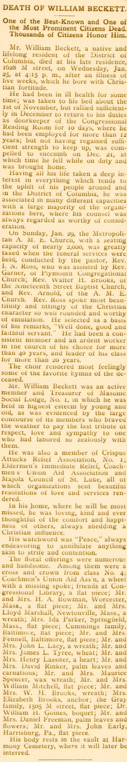 Newspaper clipping of obituary for William Beckett.