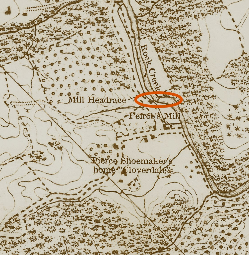 Detail of old map showing the location of old dam upstream from Peirce Mill