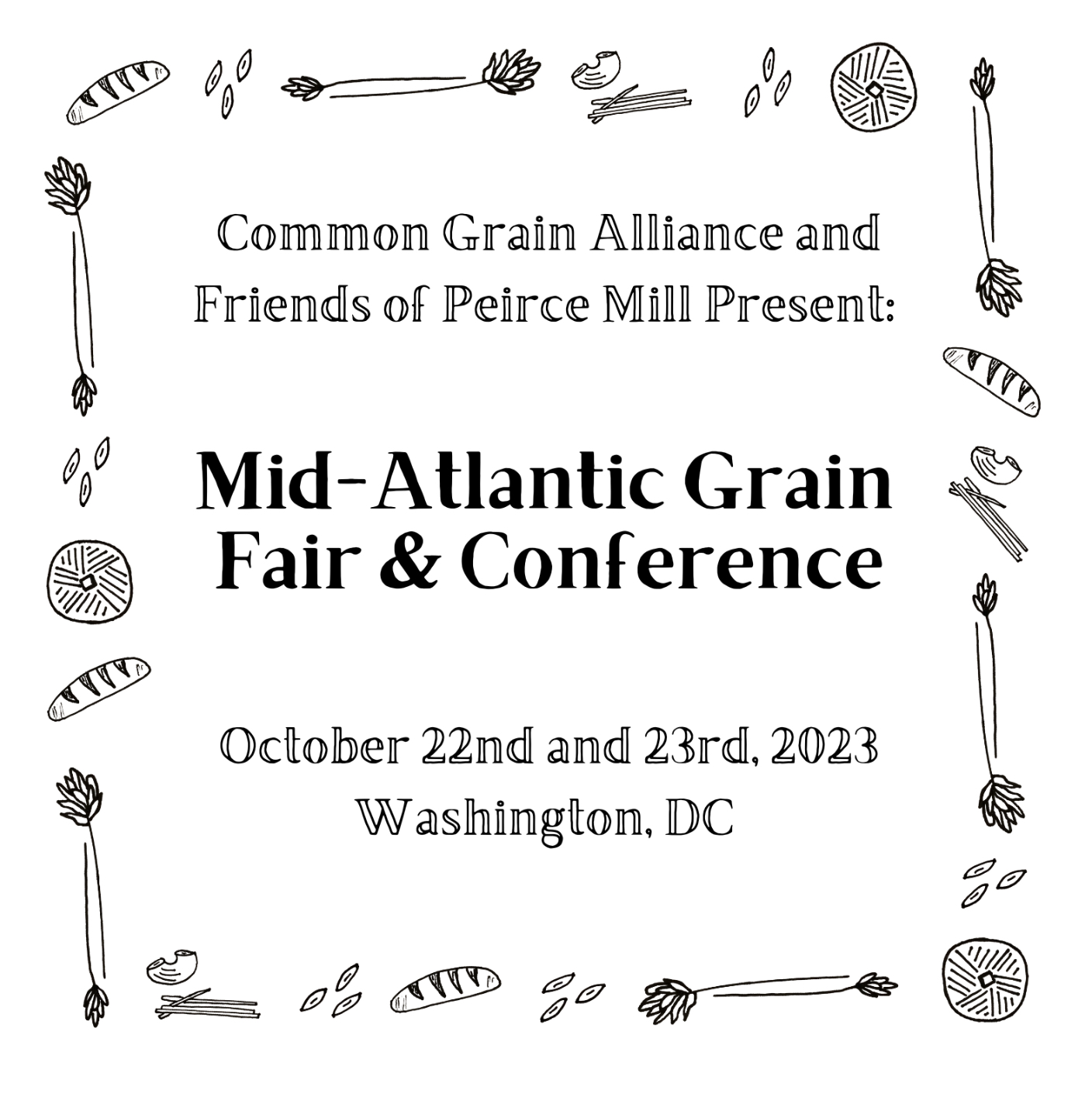 Logo with words Mid-Atlantic Grain Fair & Conference surrounded by drawings of bread and wheat.