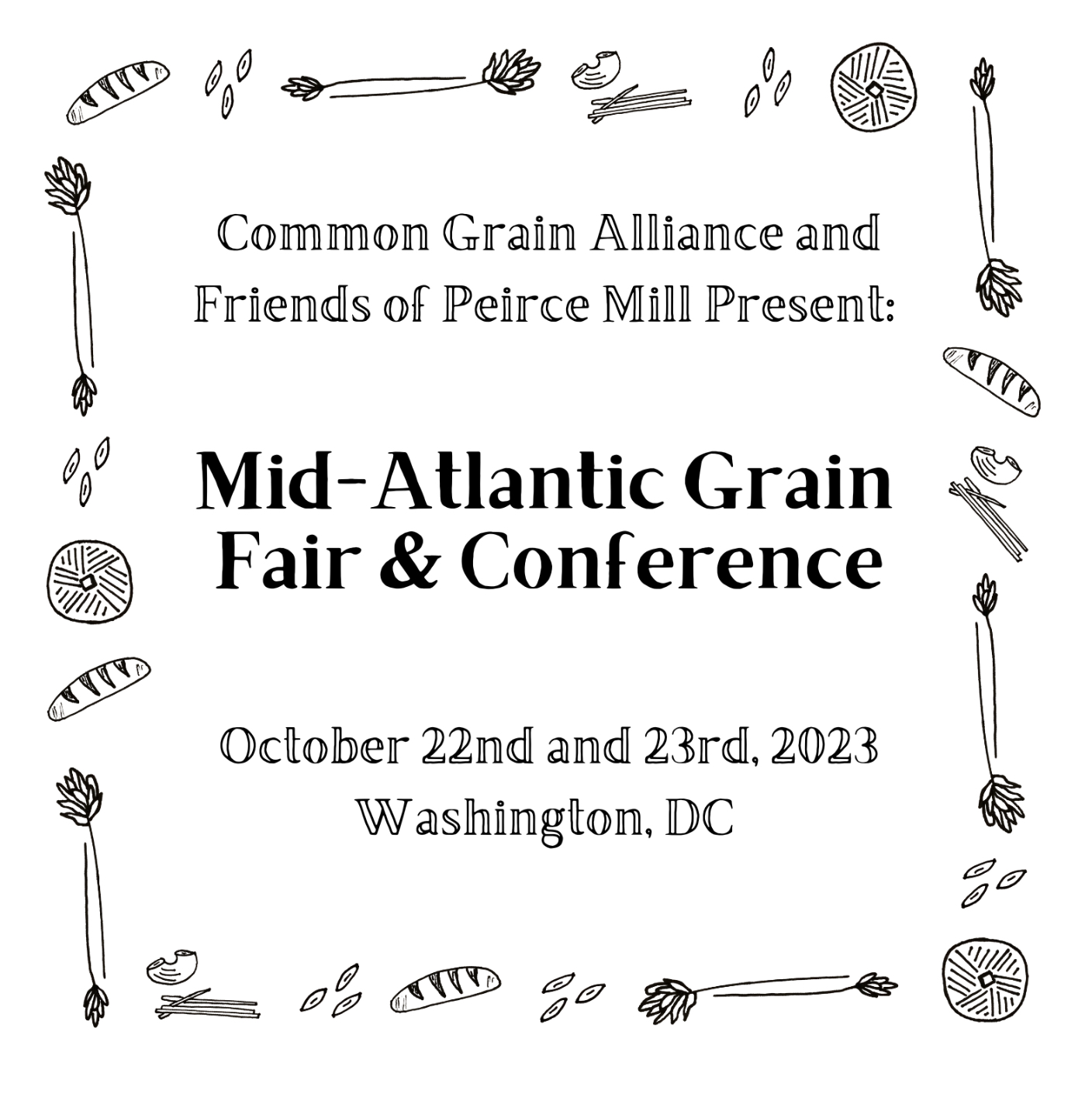 GRAIN FAIR LOGO Logo with words Mid-Atlantic Grain Fair & Conference surrounded by drawings of bread and wheat.