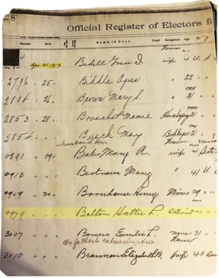 Page from a voter registration book with the name Hattie Bolton highlighted.