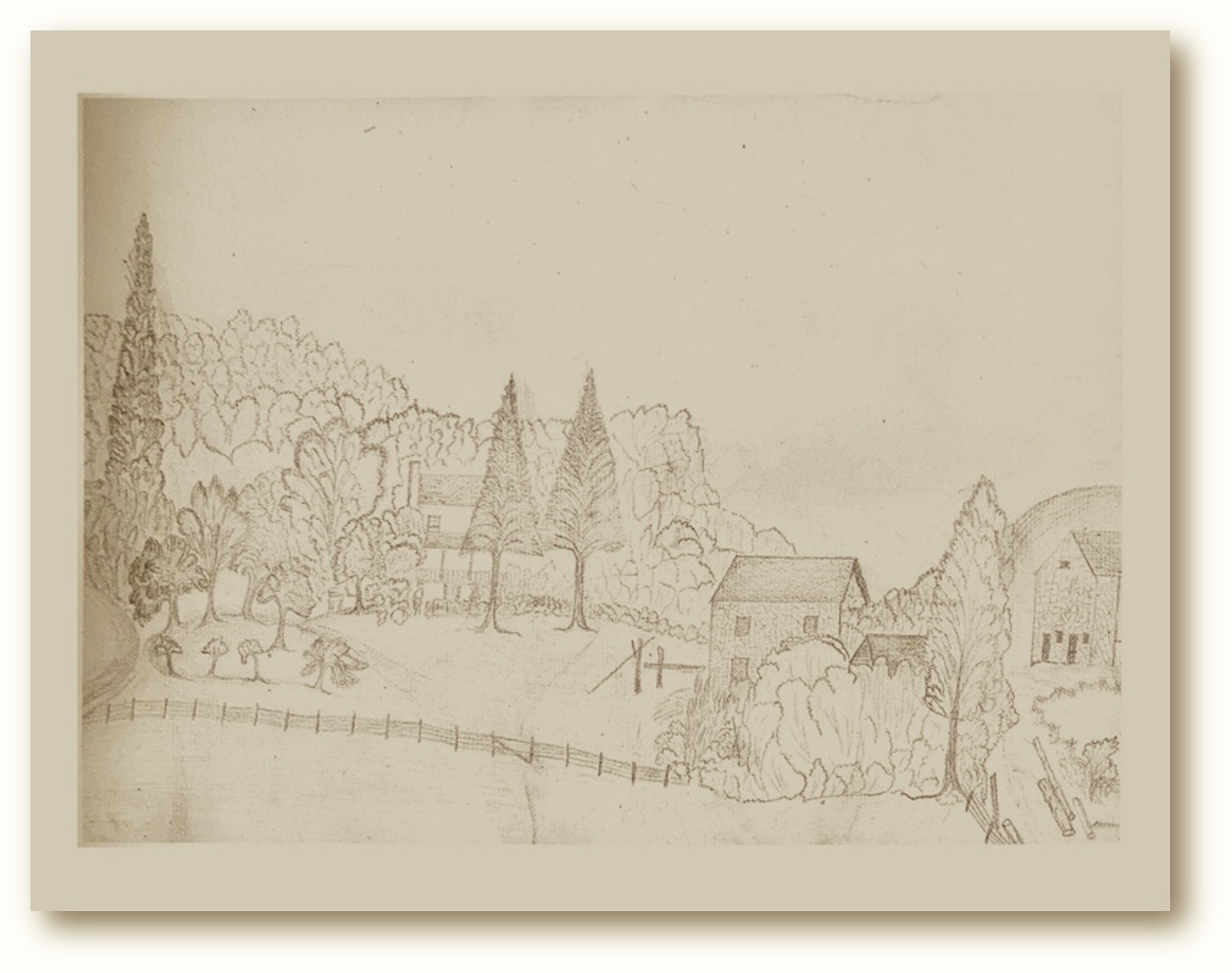 Pencil drawing of a farm landscape with stone buildings and trees.