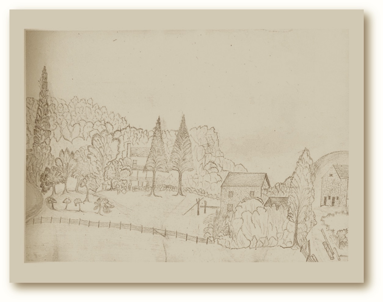 Pencil drawing of a farm landscape with stone buildings and trees.