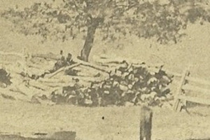 Detail of photograph showing pile of lumber.