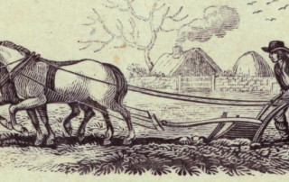 An old black and white print showing a man plowing a field with a team of horses.