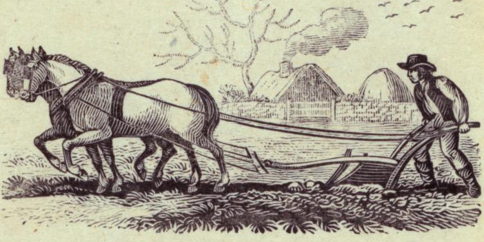 An old black and white print showing a man plowing a field with a team of horses.