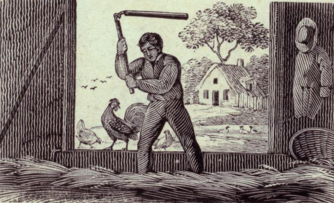 Old black and white print of a man threshing wheat.