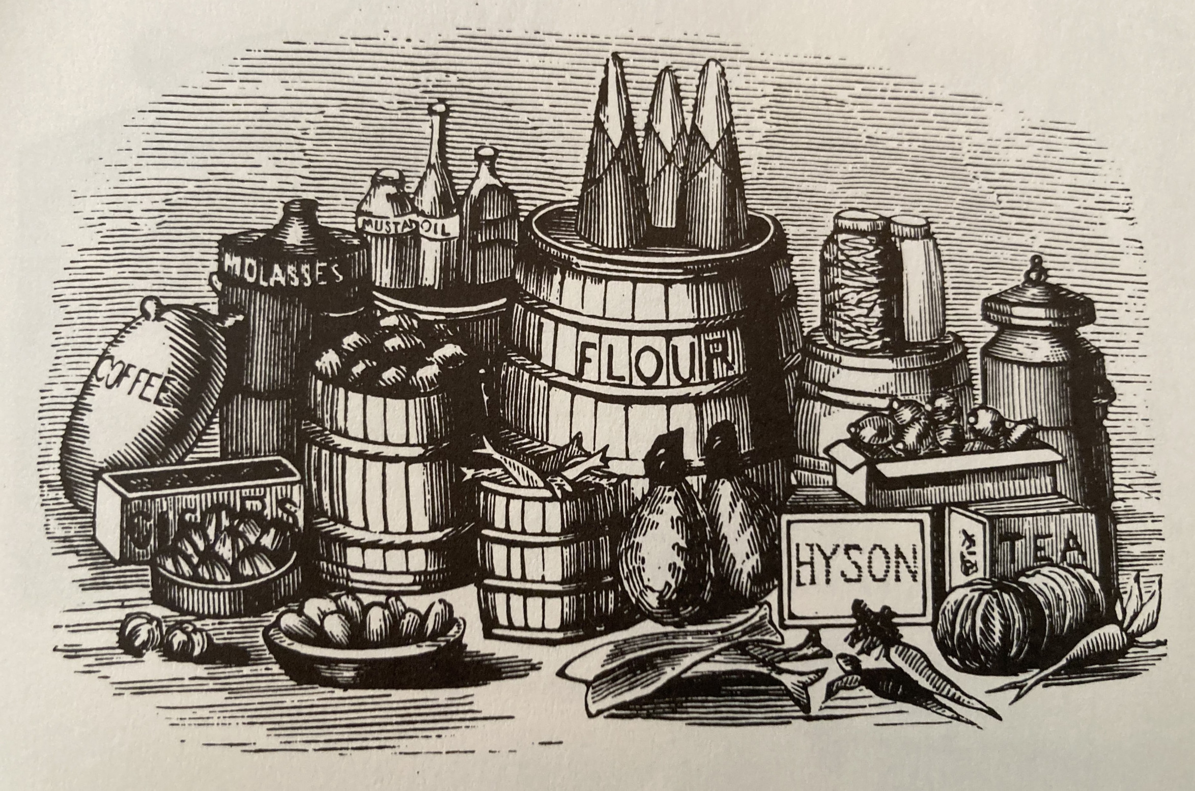 Old engraving of flour, molasses, and other foods in barrels and boxes.