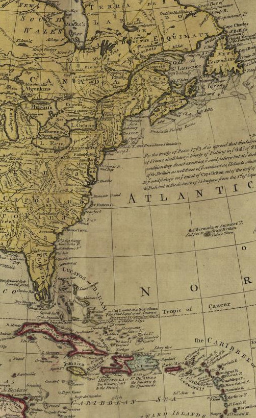 Detail 1765 map of North America showing the 13 colonies and the Caribbean.