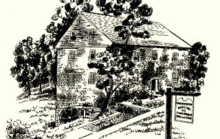 Black and white drawing of a mill with a sign out front that reads "Pierce Mill"