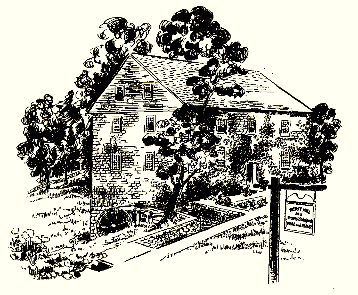 Black and white drawing of a mill with a sign out front that reads "Pierce Mill"