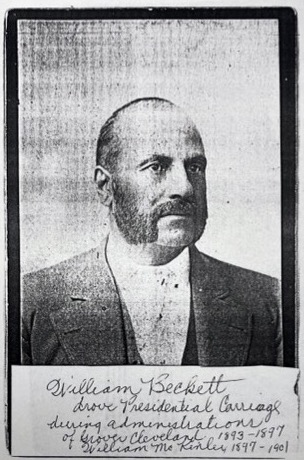 Family album photograph of a man with a beard. Handwritten caption says that this is William Beckett, and that was a coachman for Presidents Cleveland and McKinley.