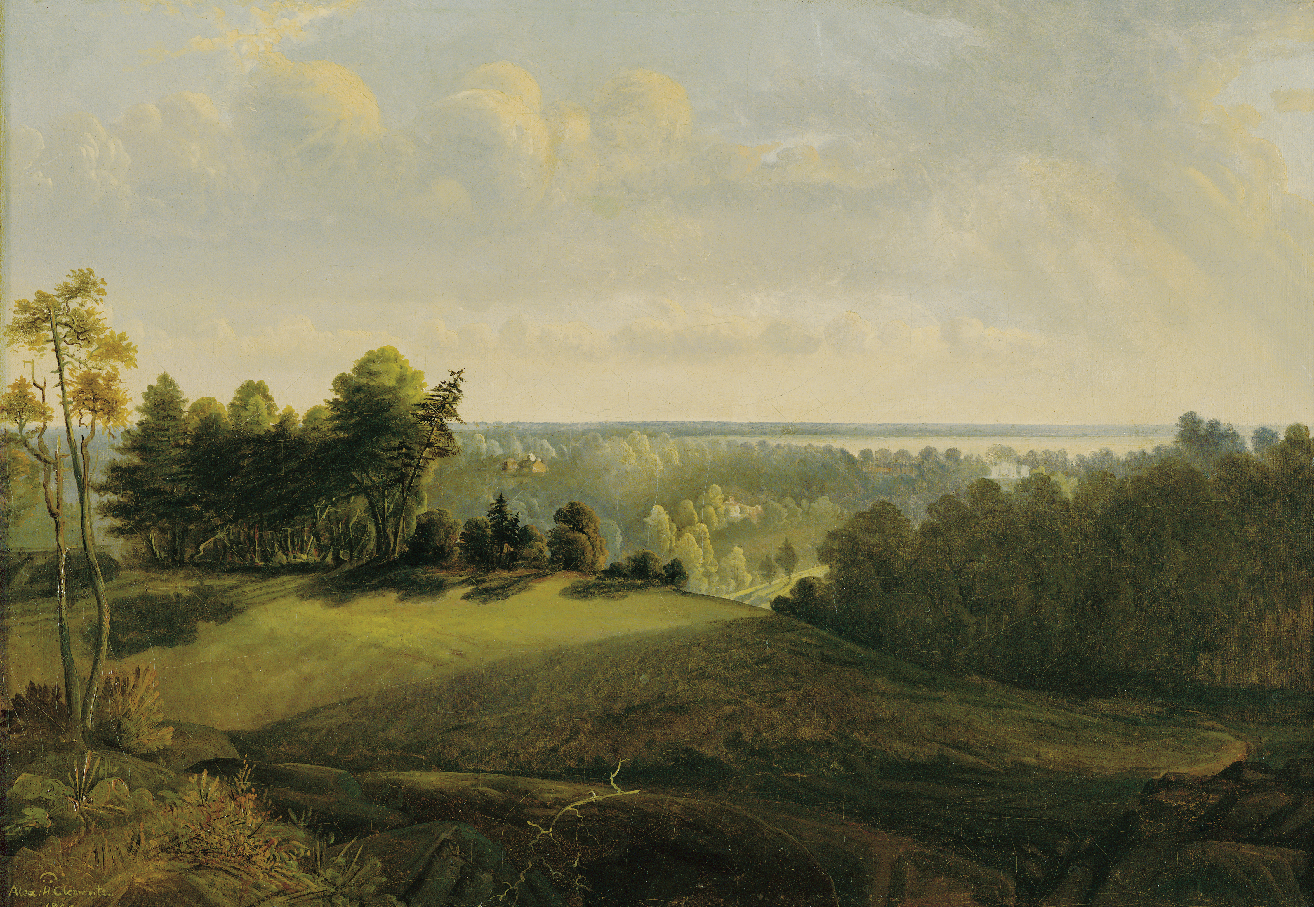 Painting of the view from a hilltop, with trees in the foreground and the Potomac River in the distance.