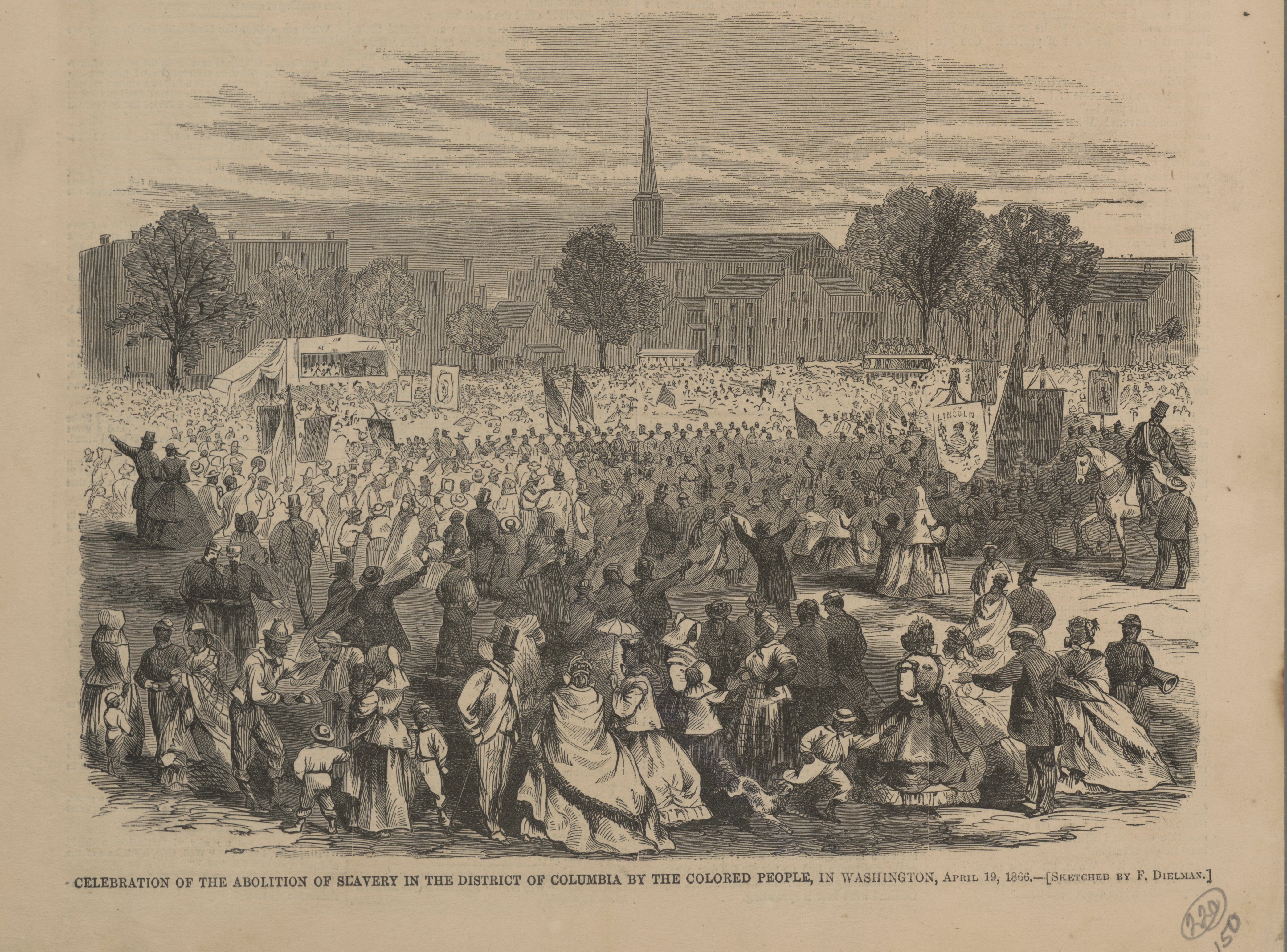 4 Celebration of the Abolition of Slavery in the District of Columbia 1866 A 19th century newspaper illustration show people celebrating the end of slavery in Washington, DC.