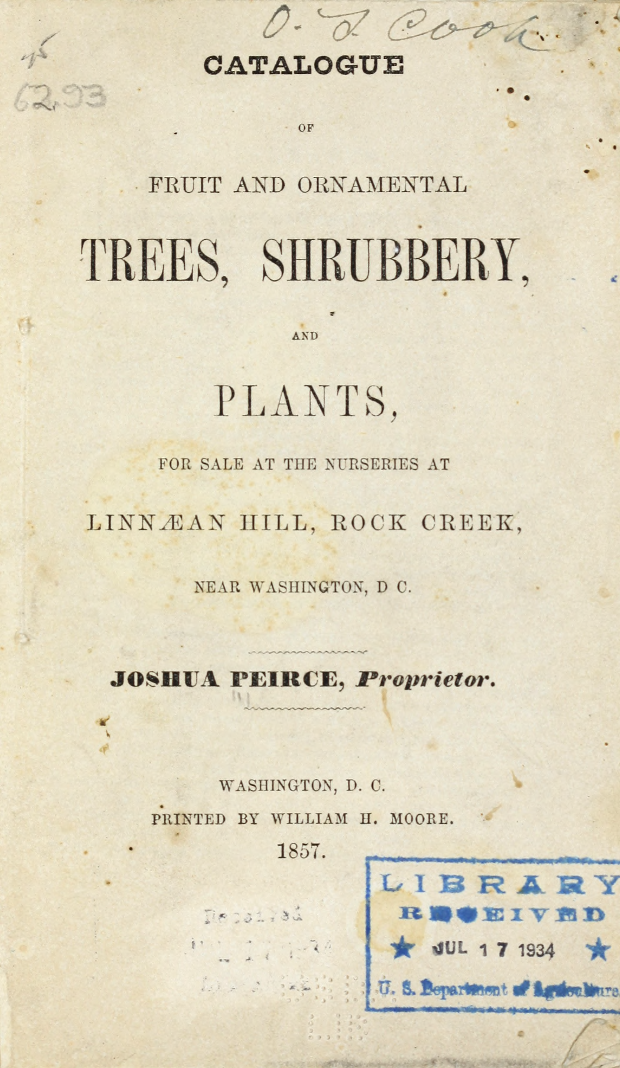 Title page of Joshua Peirce's nursery catalogue.