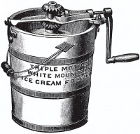 Black and white drawing of an old-fashioned ice-cream churn.