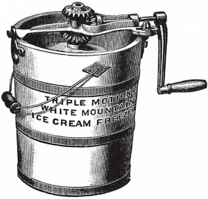 Black and white drawing of an old-fashioned ice-cream churn.
