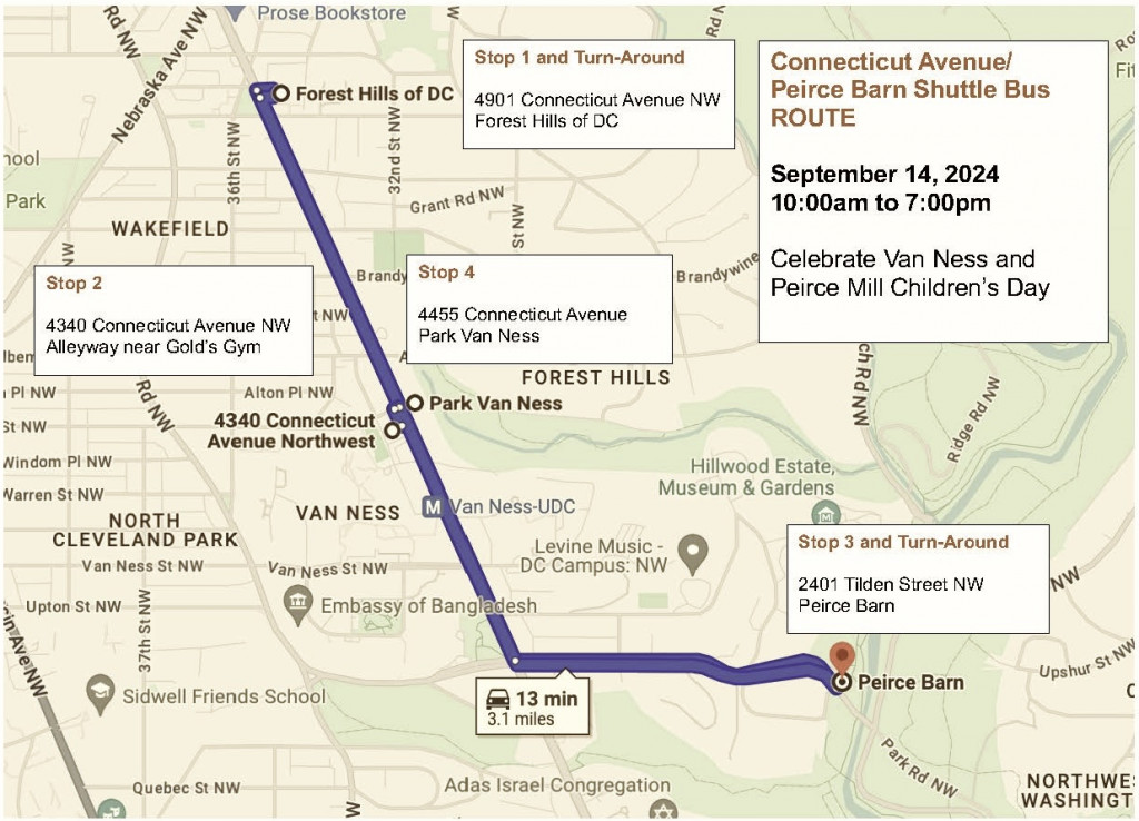 City map showing bus route from Peirce Barn to Connecticut Avenue