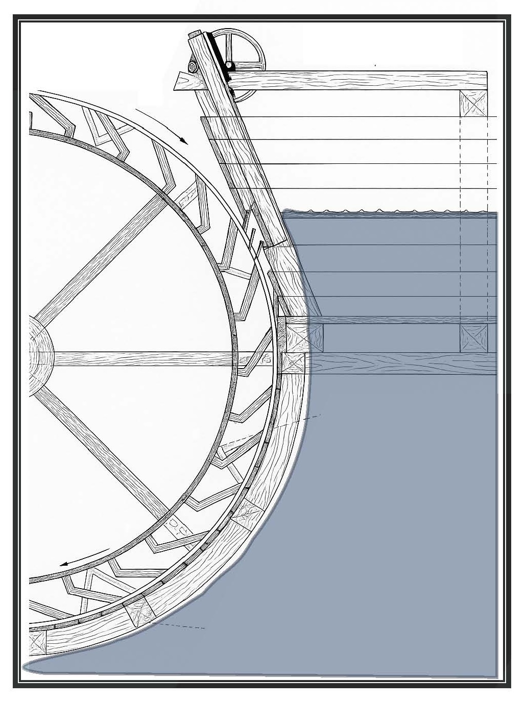 Turn the Wheel Too_Page_1 Black and white mechanical drawing of a waterwheel